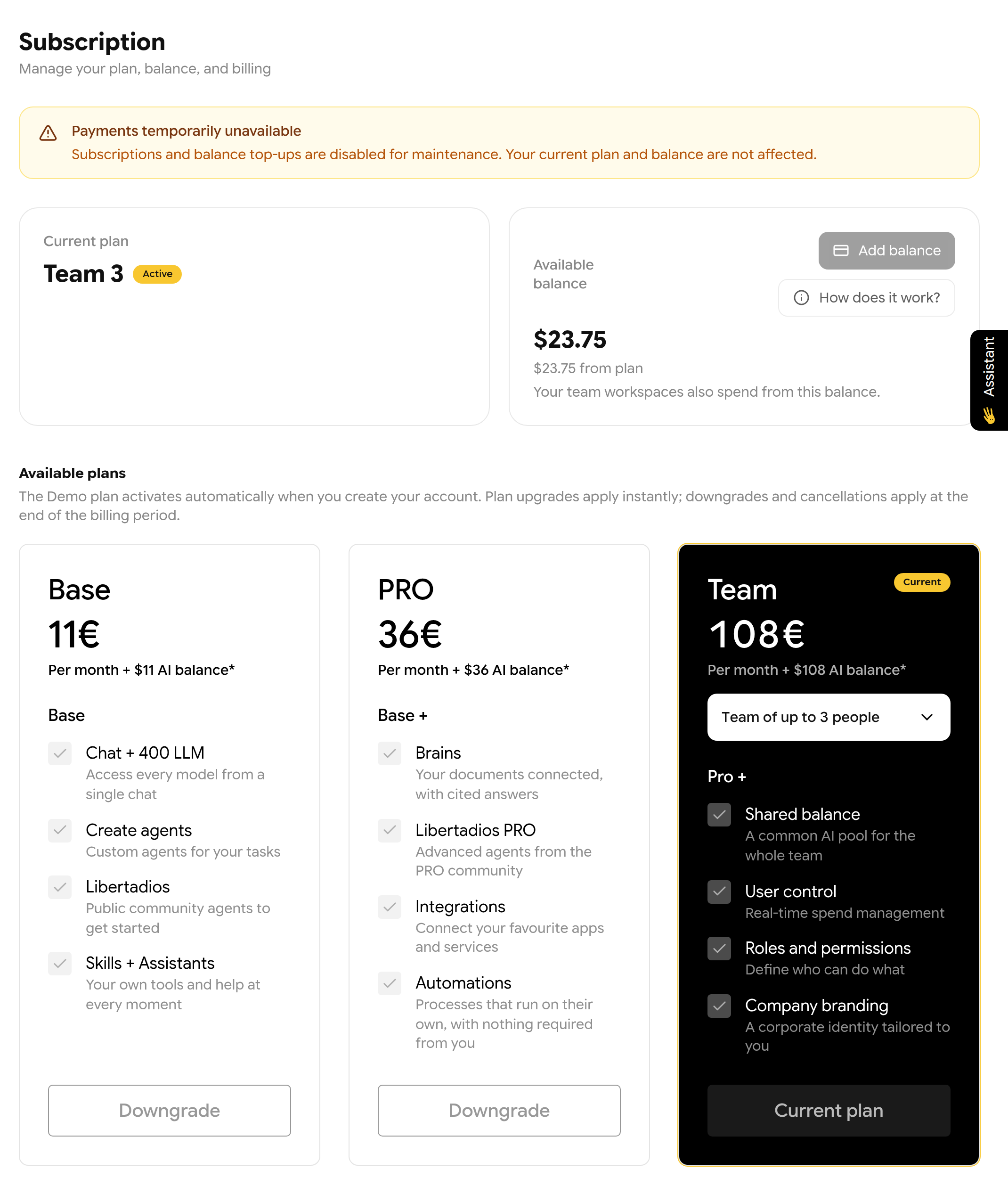 Subscription page with current plan Team, available balance, plan cards and a Payments temporarily unavailable banner