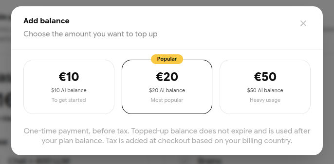 Add balance dialog with 10, 20 (Popular) and 50 euro top-up options