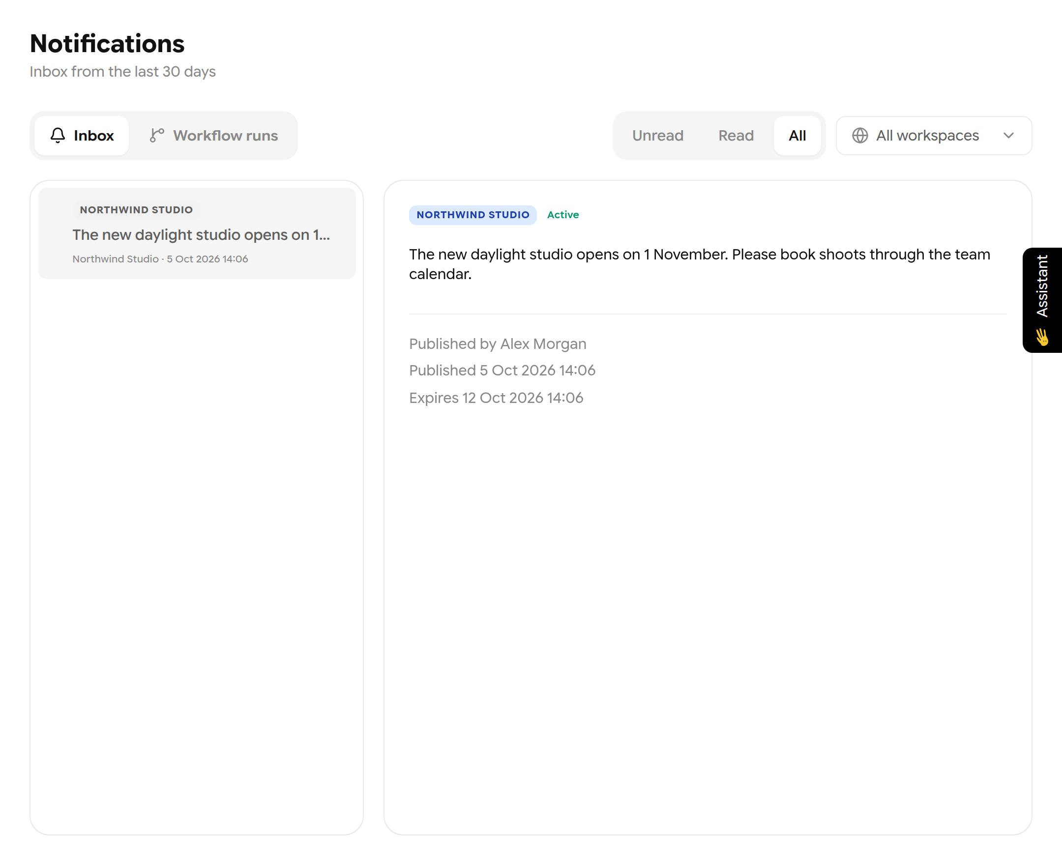 Notifications page with a company notice selected and its details
