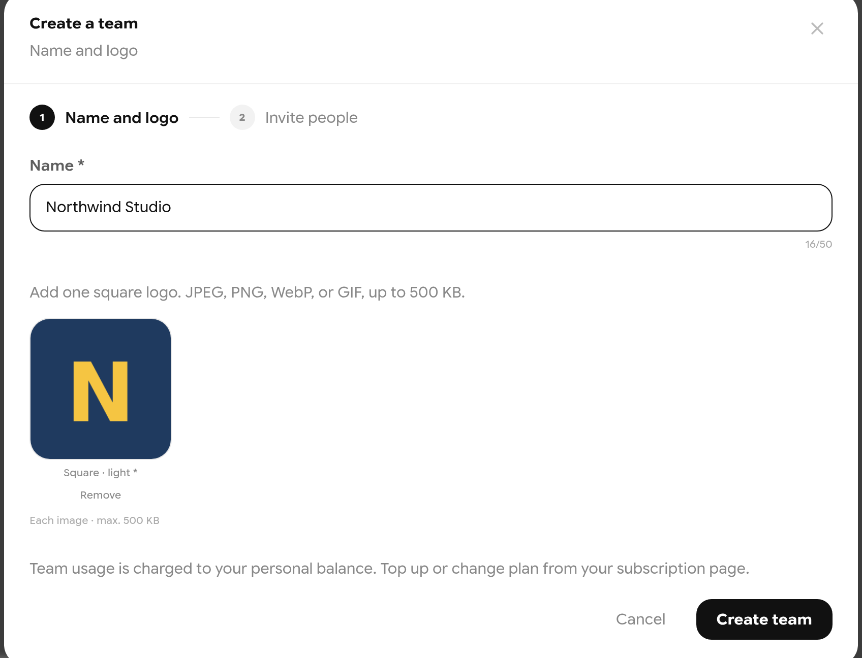 Create a team step 1 with name Northwind Studio and an N logo