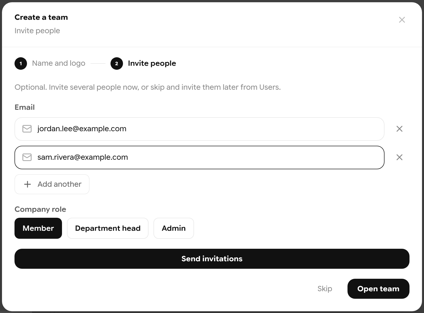 Create a team step 2 with two invited emails and the Member role selected