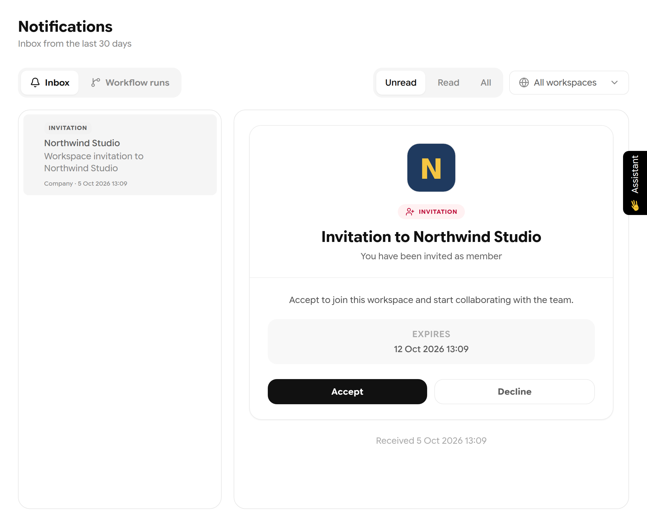 Invitation to Northwind Studio with Accept and Decline buttons and an expiry date