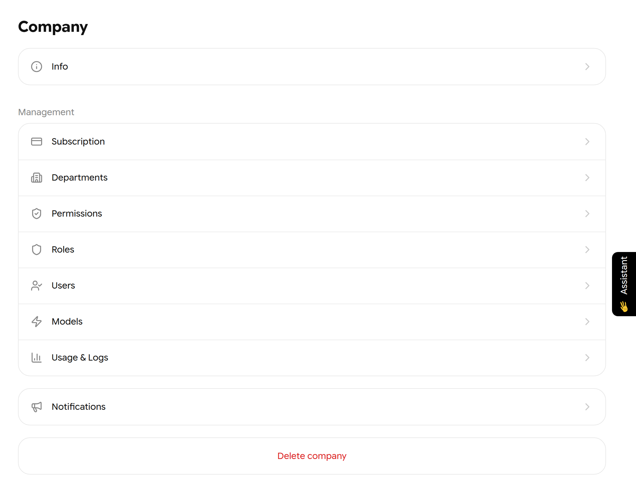 Company page with Info, Management links, Notifications and Delete company
