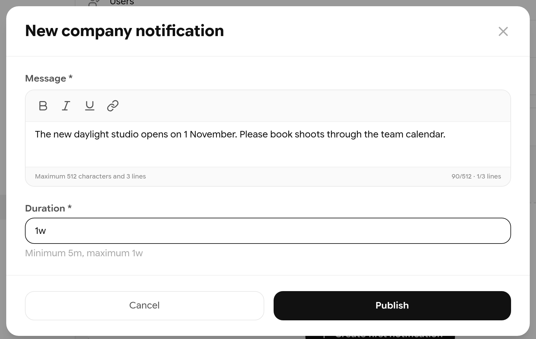 New company notification dialog with a message and a duration of 1w