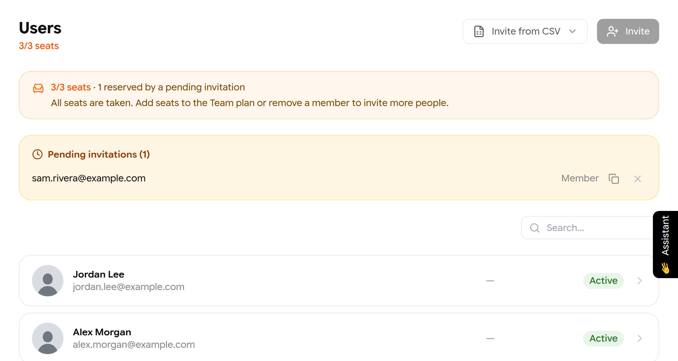 Users page with seat count, a pending invitation and two members