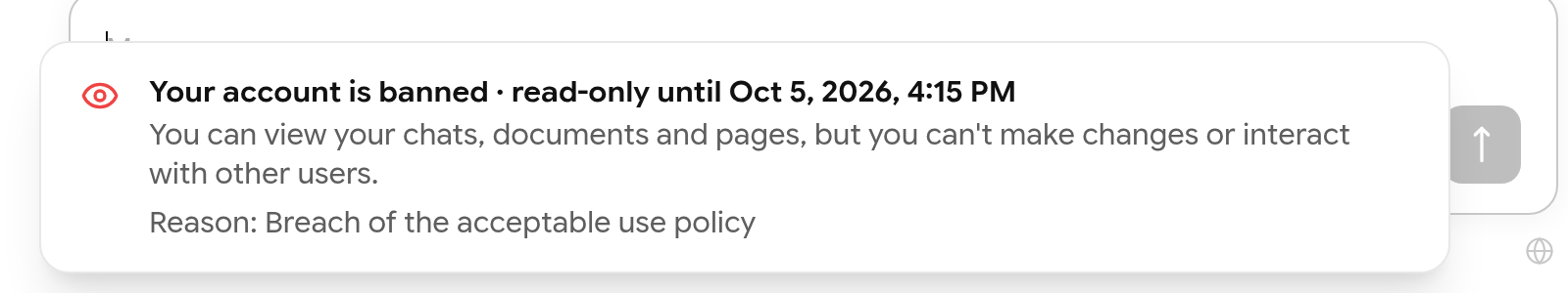 Banner: Your account is banned, read-only until a date and time, with the reason