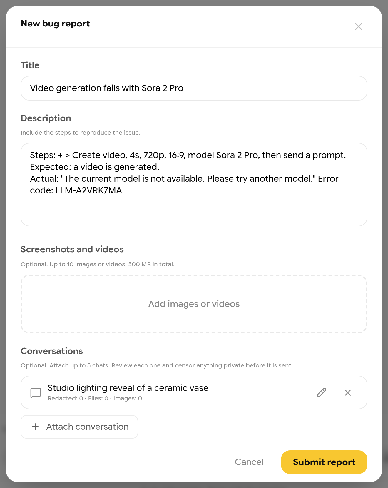 New bug report form with title, description containing an error code, and an attached conversation