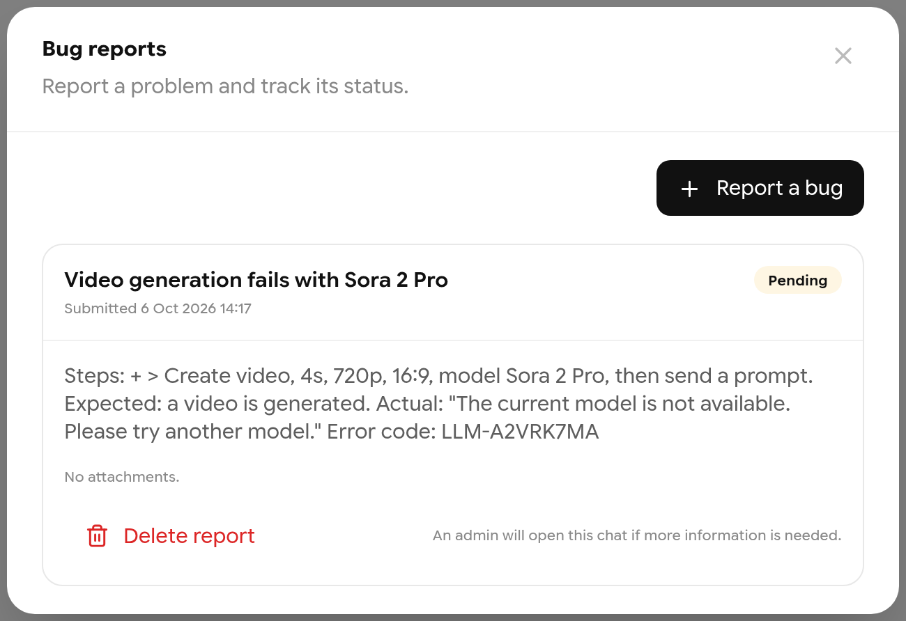 Bug reports list showing a report with status Pending and its details