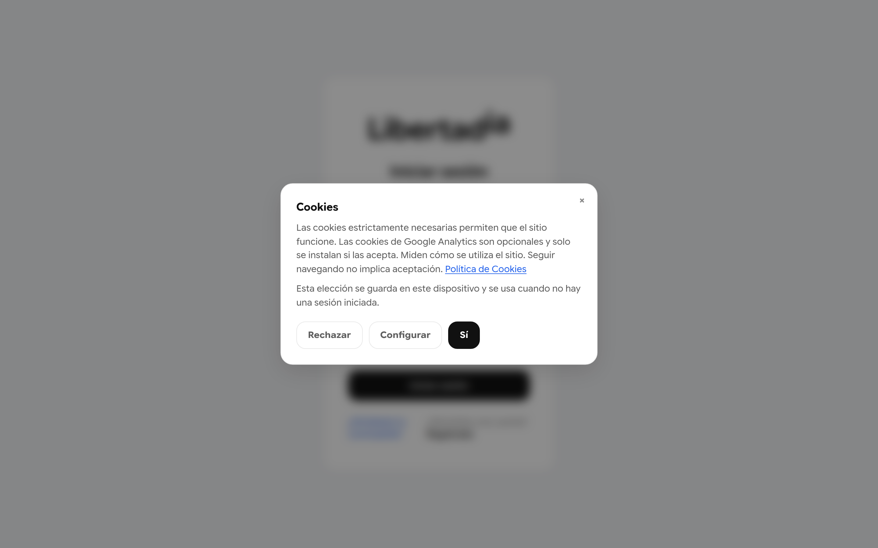 Diálogo de cookies con los botones Rechazar, Configurar y Sí