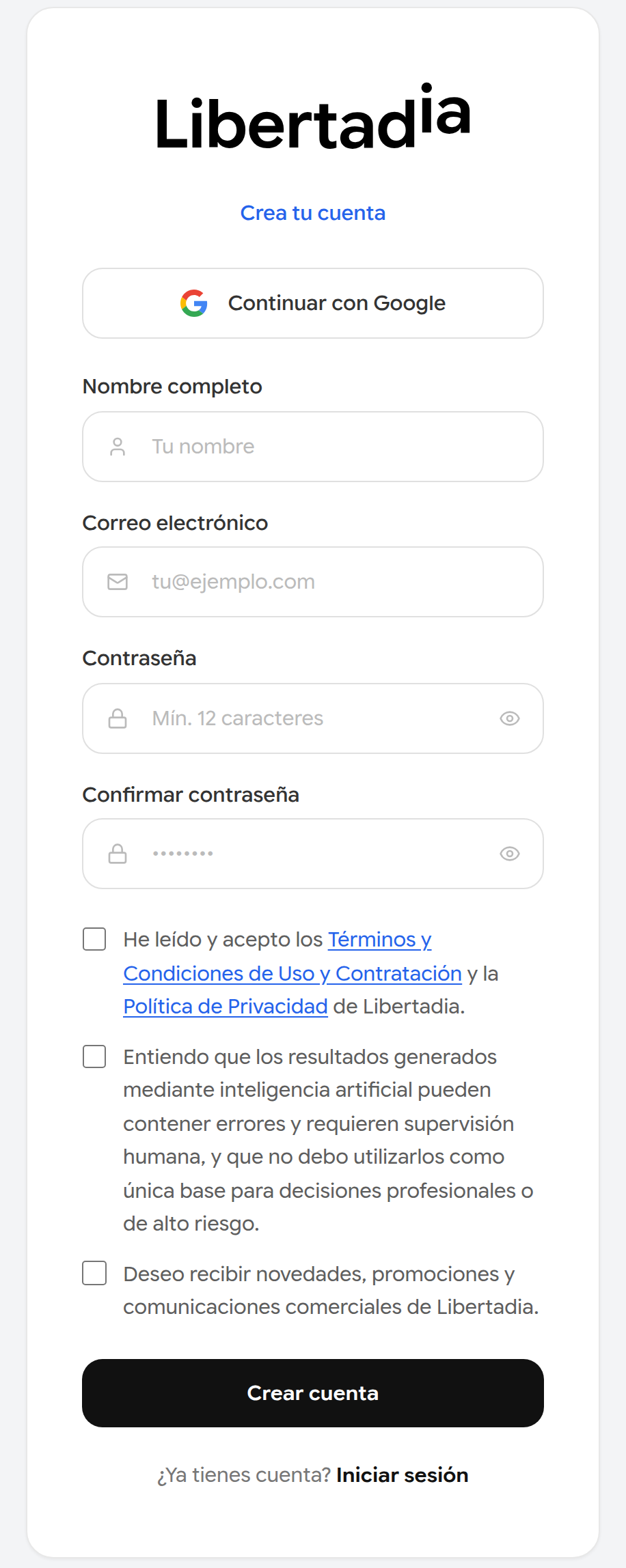 Formulario de registro con nombre, correo, contraseña y casillas de consentimiento