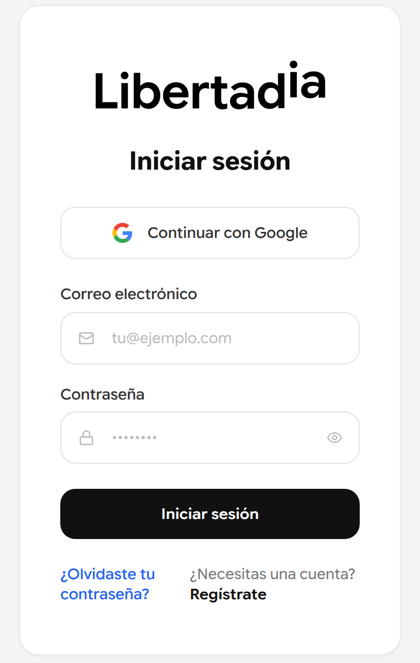 Página de inicio de sesión con el botón de Google y los campos de correo y contraseña