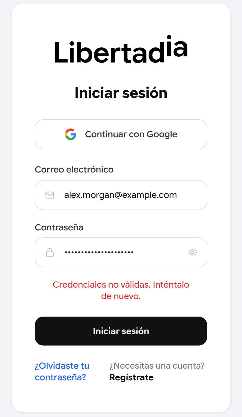 Página de inicio de sesión con el mensaje de error Credenciales no válidas
