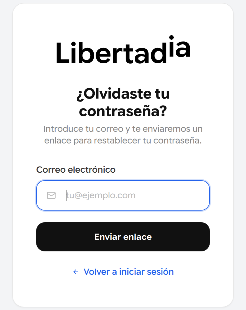 Página de contraseña olvidada con un campo de correo y el botón Enviar enlace