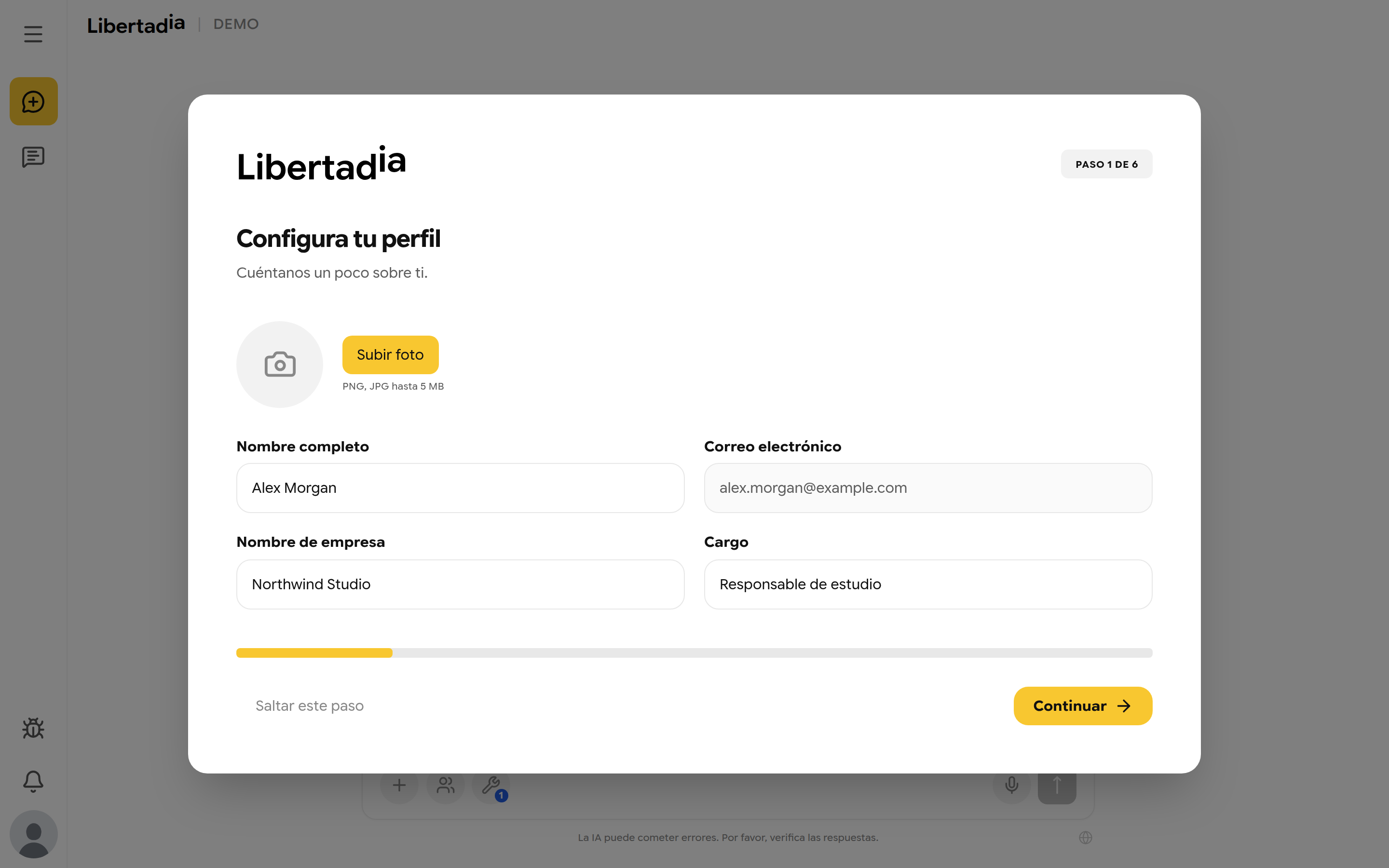 Paso 1 de la configuración: Configura tu perfil, con foto, nombre, empresa y cargo