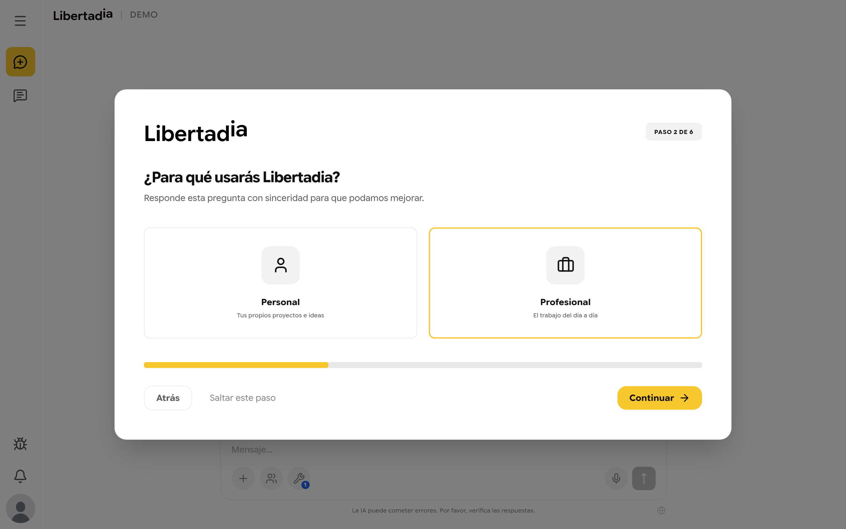 Paso 2: elegir entre uso Personal o Profesional