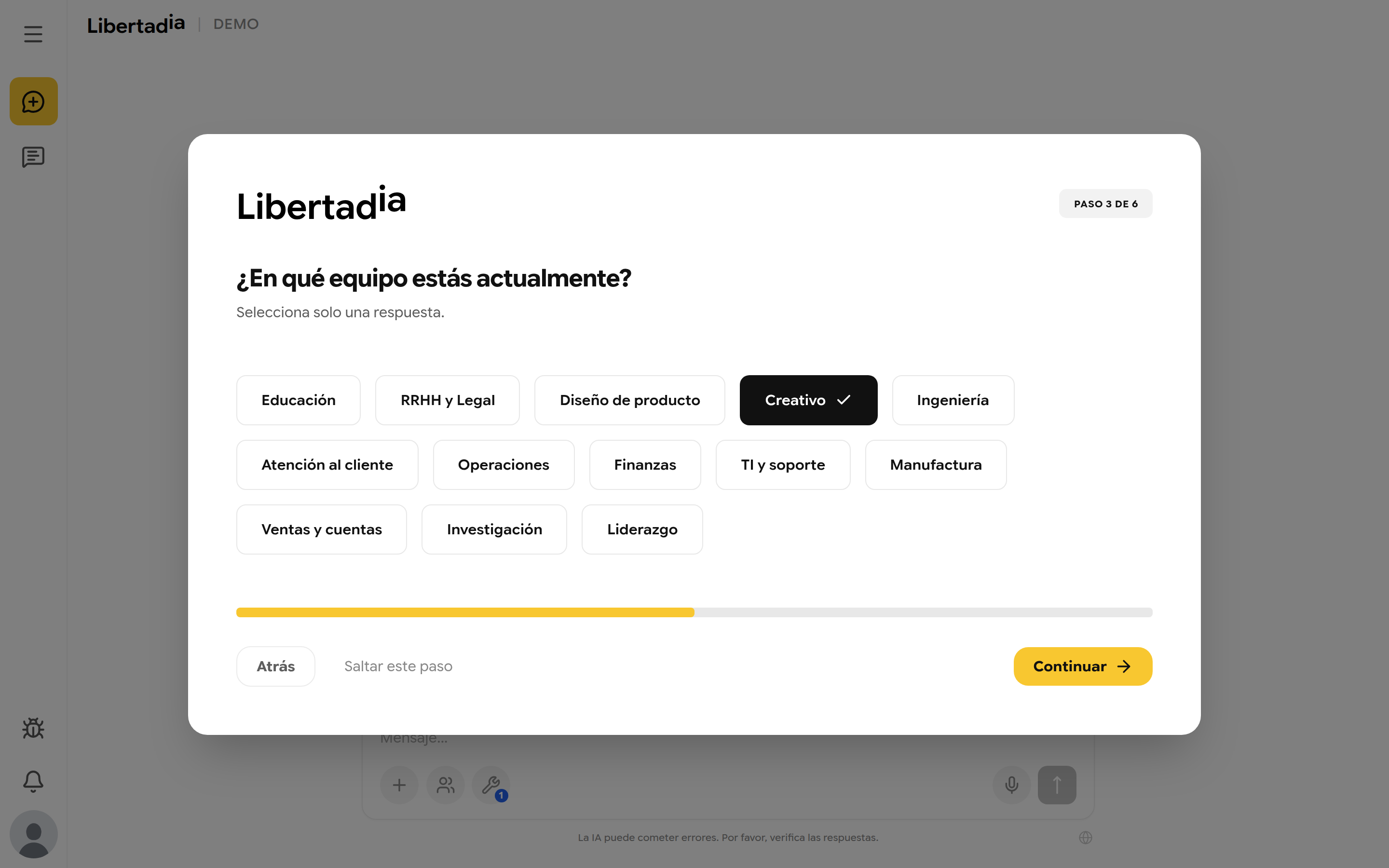 Paso 3: elegir tu equipo en una lista de áreas