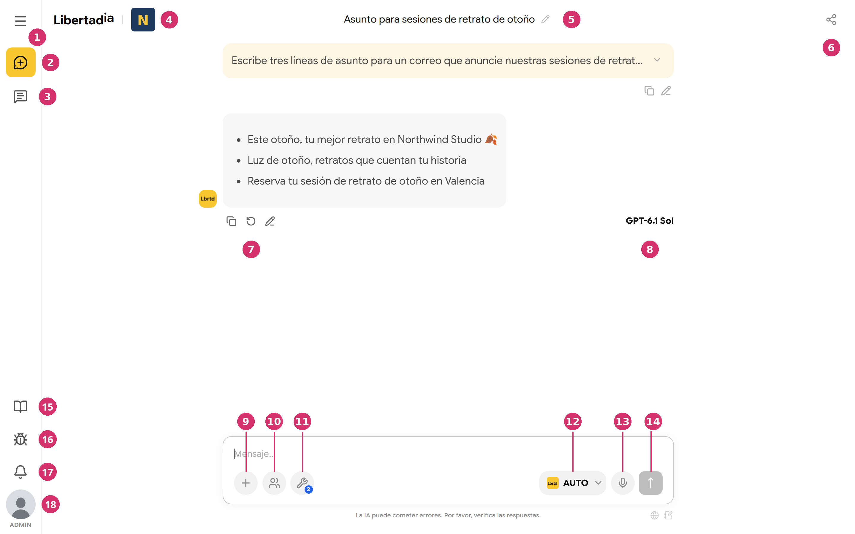 Pantalla de chat con llamadas numeradas del 1 al 17