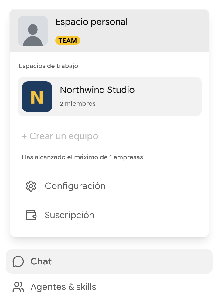 Selector de espacios con Crear un equipo, Configuración y Suscripción