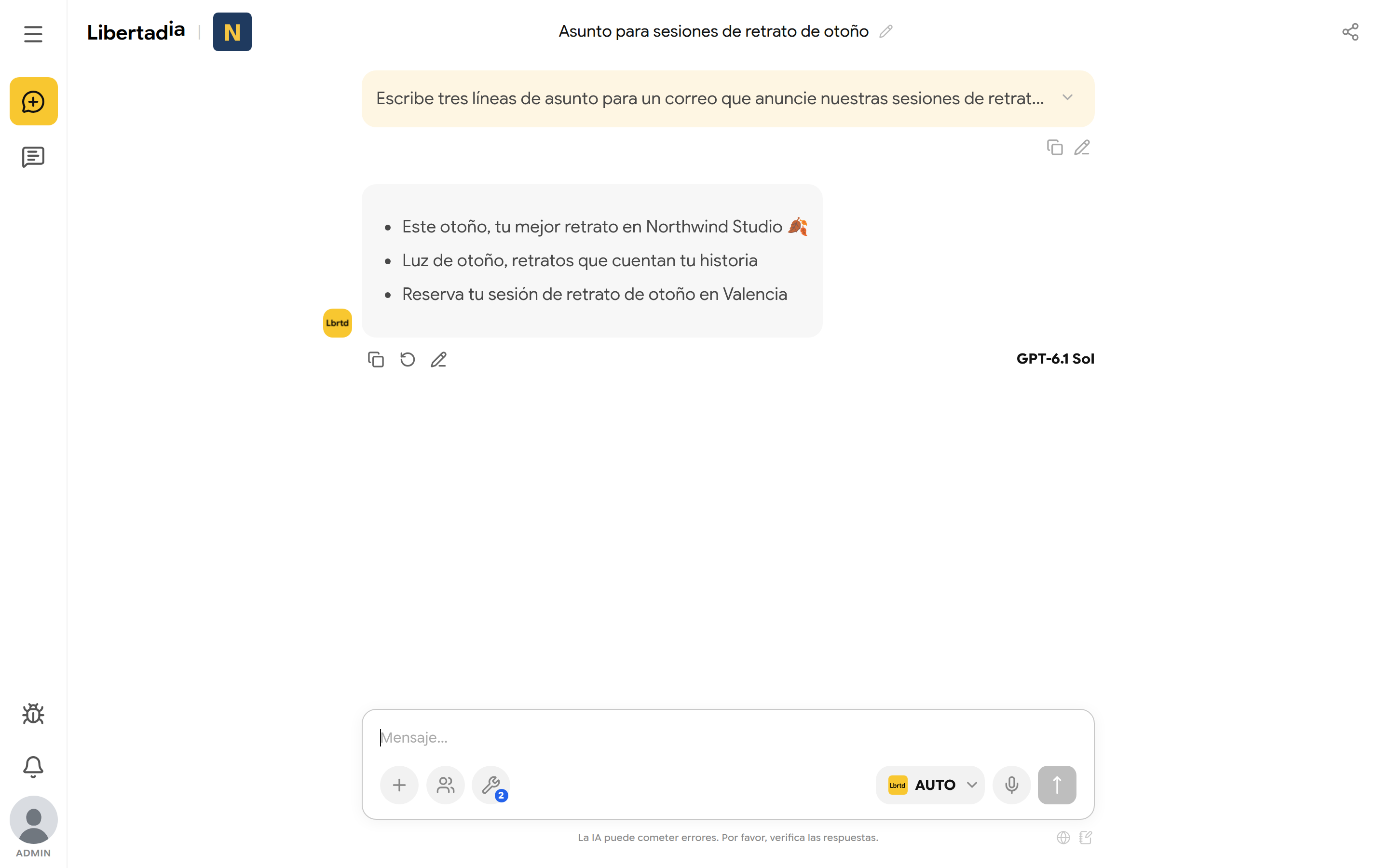 Conversación con la petición del usuario y la respuesta de la IA con tres líneas de asunto