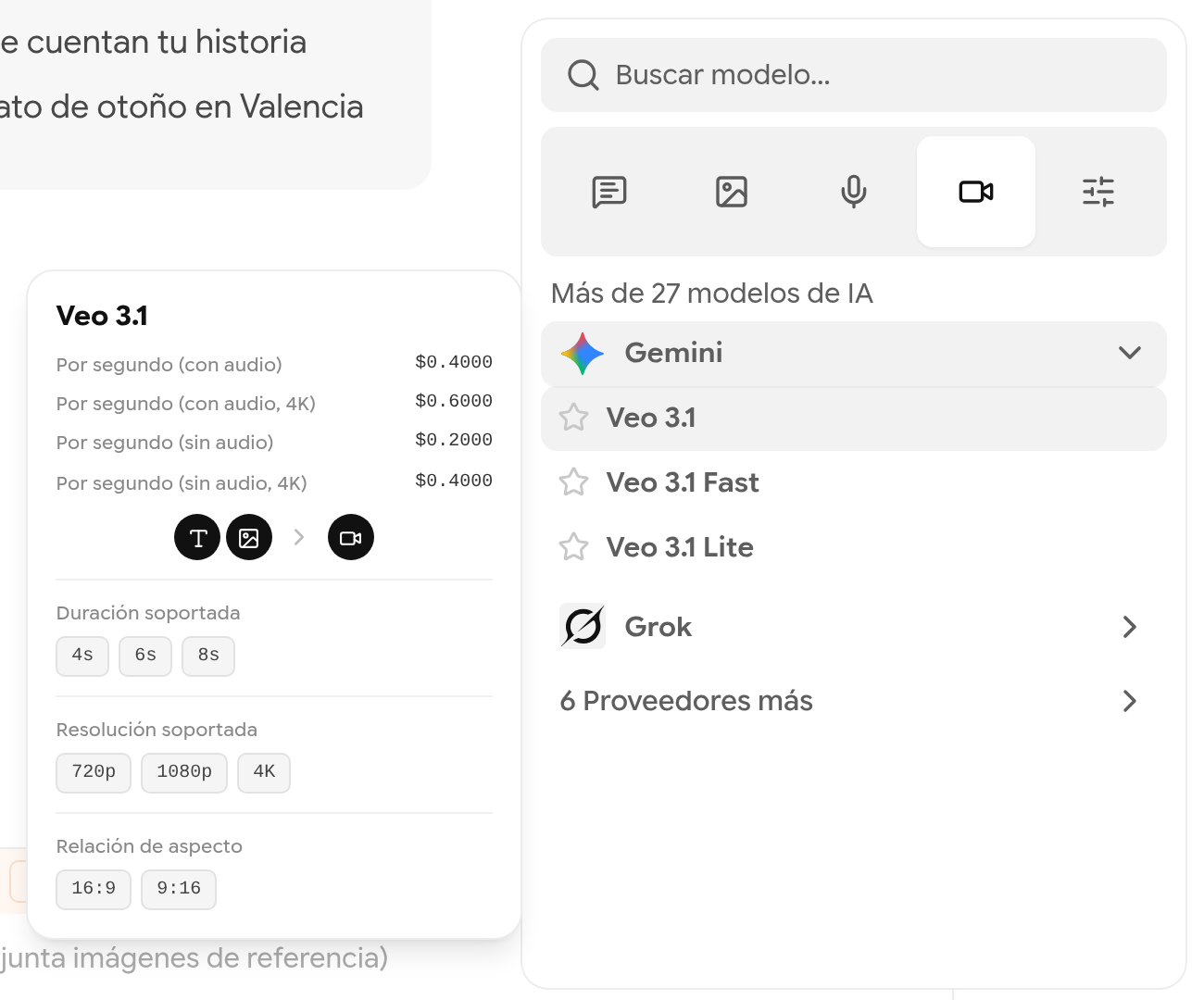 Ficha de un modelo con precios por segundo, duraciones, resoluciones y relaciones de aspecto admitidas