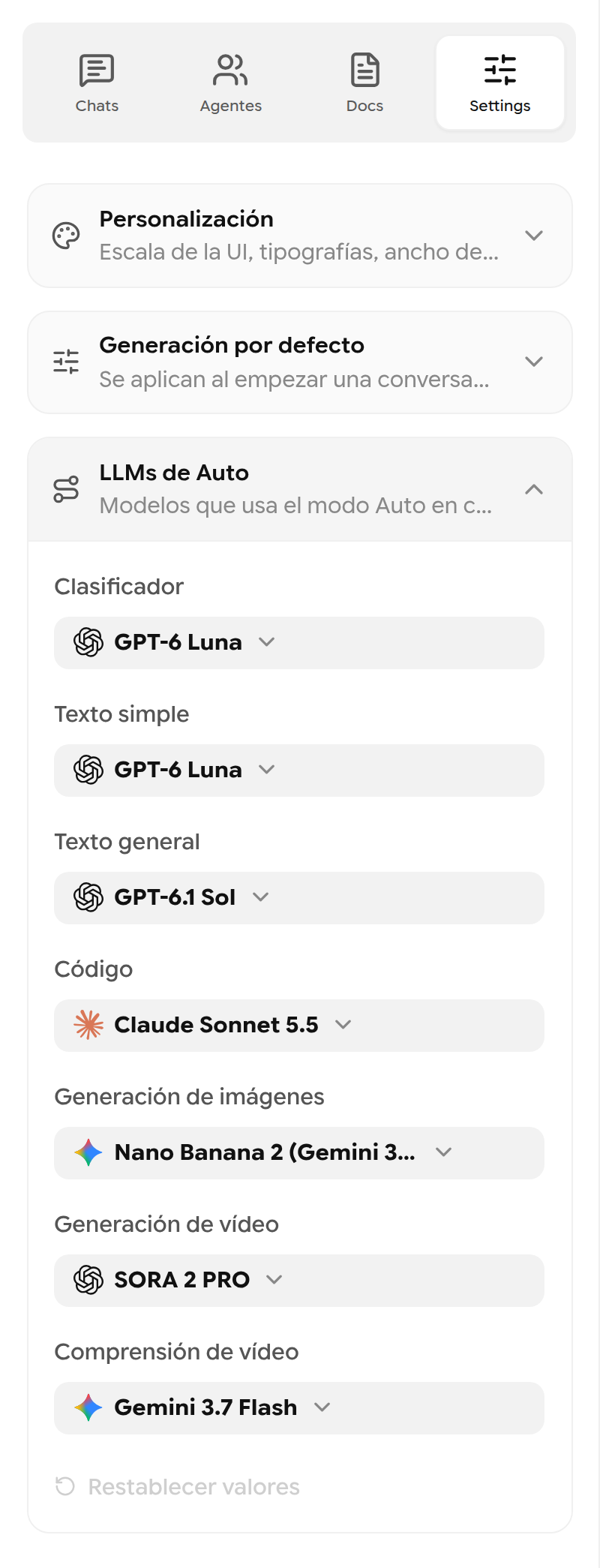 LLMs de Auto con las rutas Clasificador, Texto simple, Texto general, Código, Generación de imágenes, Generación de vídeo y Comprensión de vídeo
