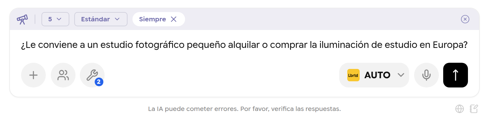 Cuadro de mensaje en modo investigación con las opciones de temas, profundidad y preguntas