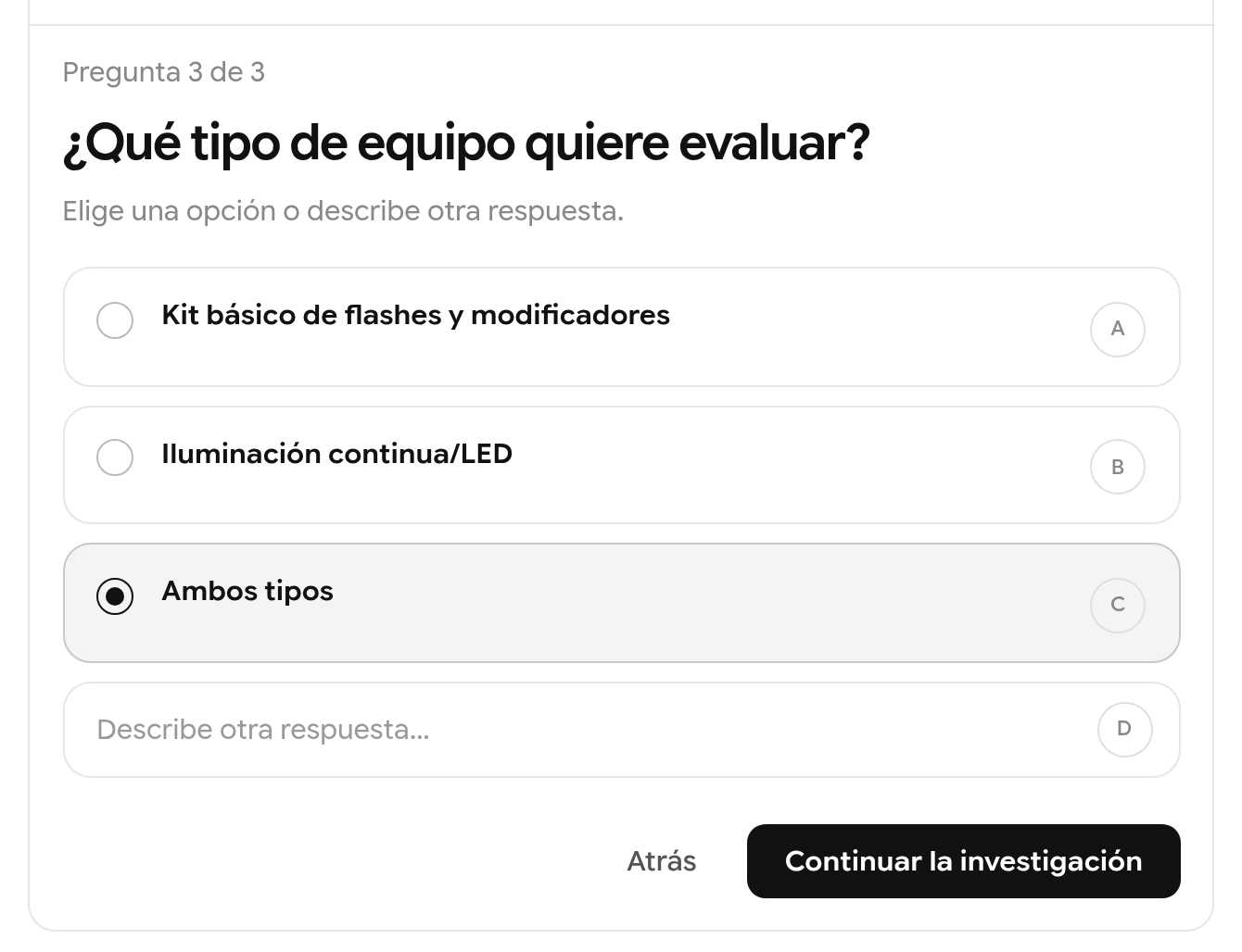 Pregunta de aclaración sobre qué tipo de equipo evaluar, con las opciones A a D