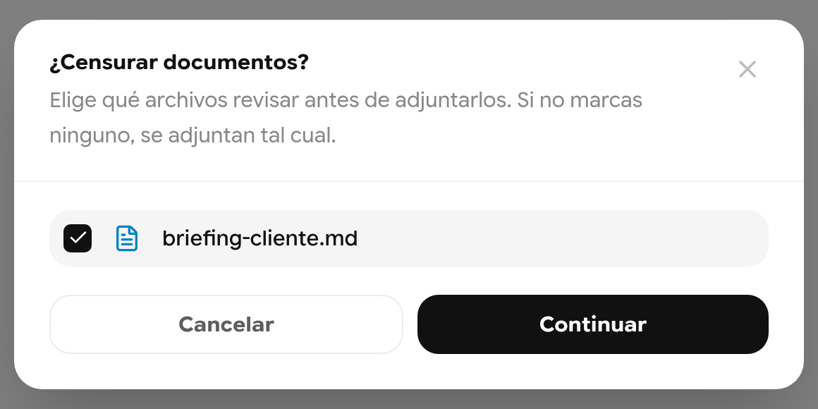 Diálogo ¿Censurar documentos? con briefing-cliente.md marcado