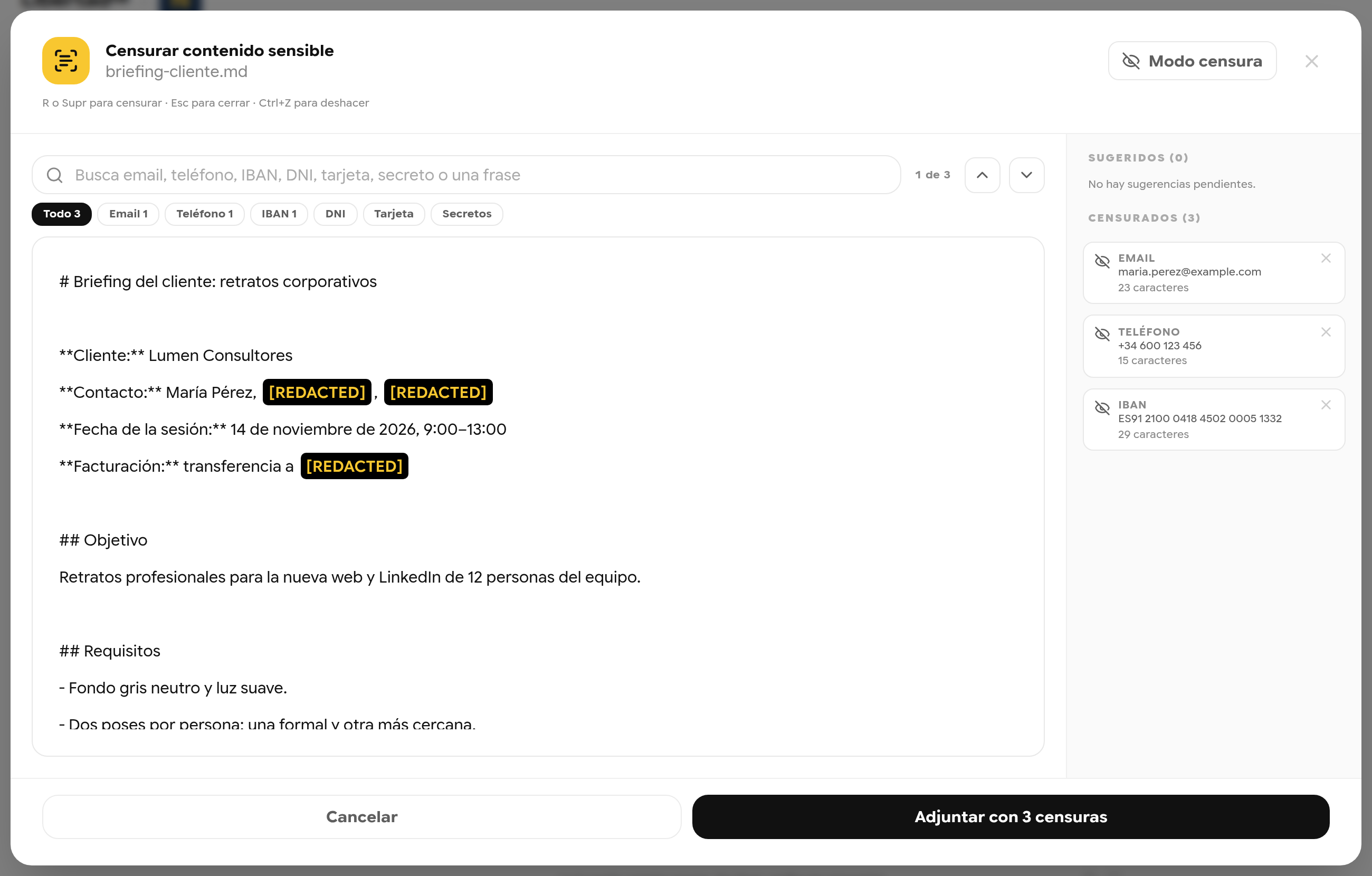 Vista de censura con el correo, el teléfono y el IBAN sustituidos por marcas REDACTED y listados a la derecha