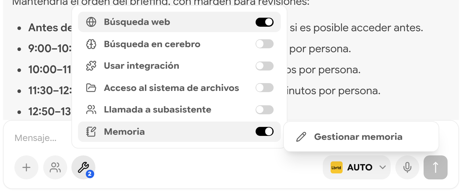 Menú Herramientas con el submenú de Memoria y la opción Gestionar memoria