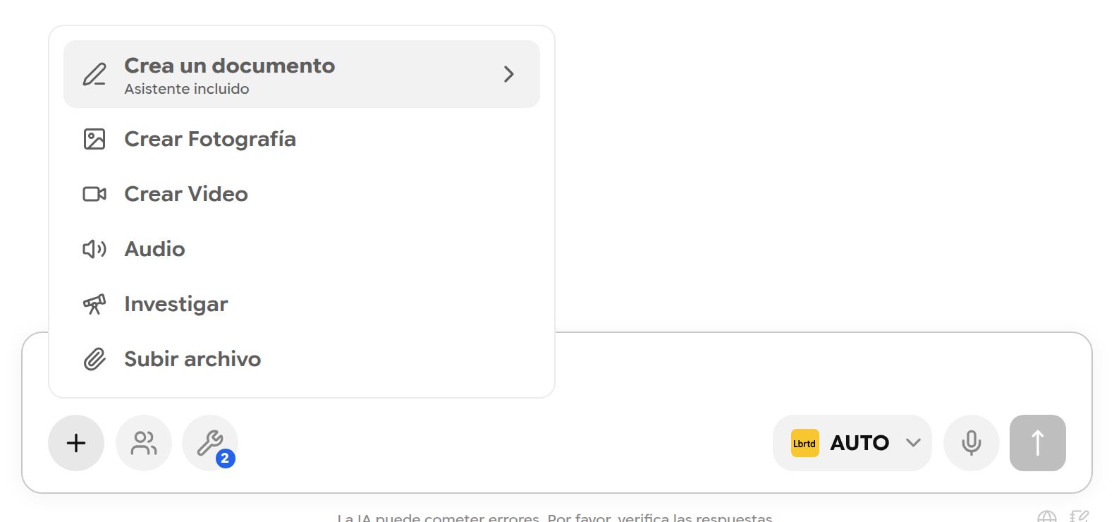 El menú + con Crea un documento, Crear Fotografía, Crear Video, Audio, Investigar y Subir archivo