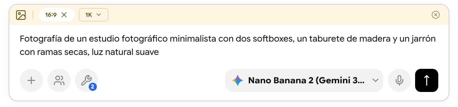 Modo imagen con las opciones 16:9 y 1K y una descripción escrita