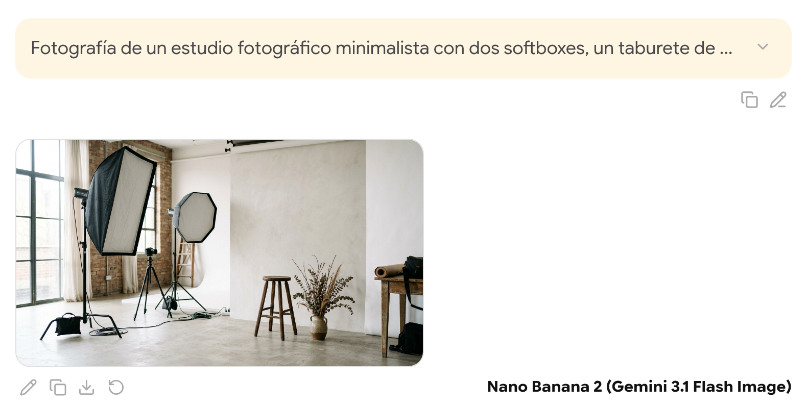Fotografía generada de un estudio minimalista con softboxes, un taburete y un jarrón, con los iconos de editar, copiar, descargar y regenerar