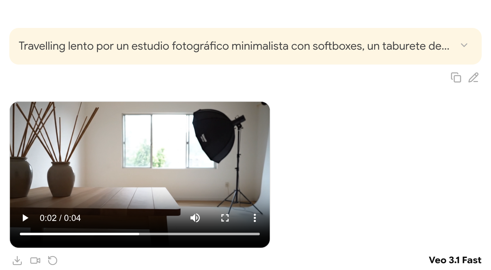 Vídeo generado de un estudio con un softbox y jarrones, con controles de reproducción