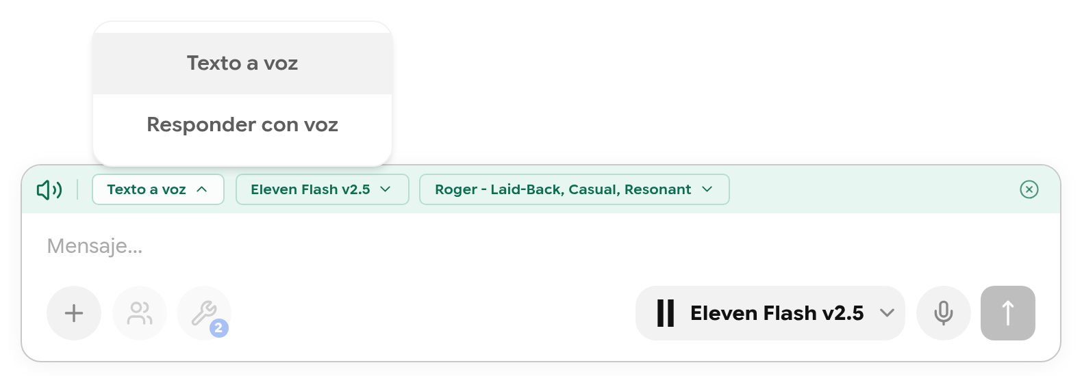 Opciones del modo de voz: Texto a voz y Responder con voz