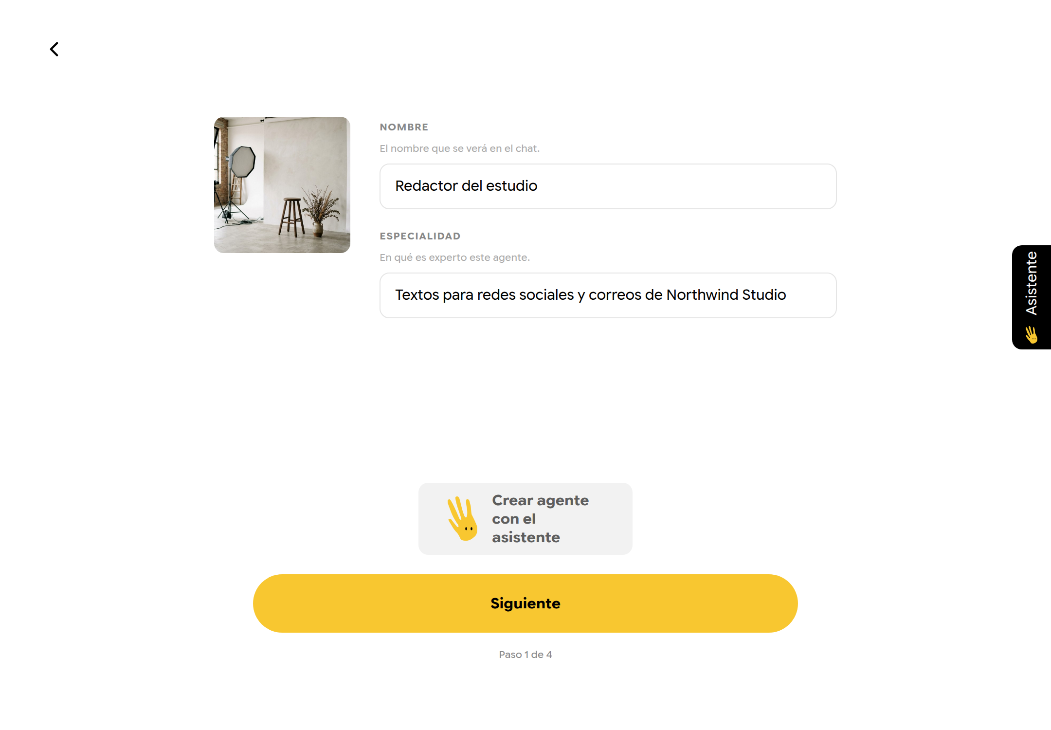 Paso 1 del asistente con la foto, el nombre Redactor del estudio y la especialidad