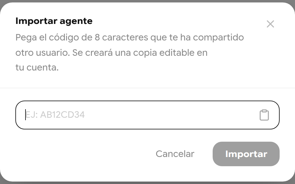 Diálogo Importar agente con un campo para el código