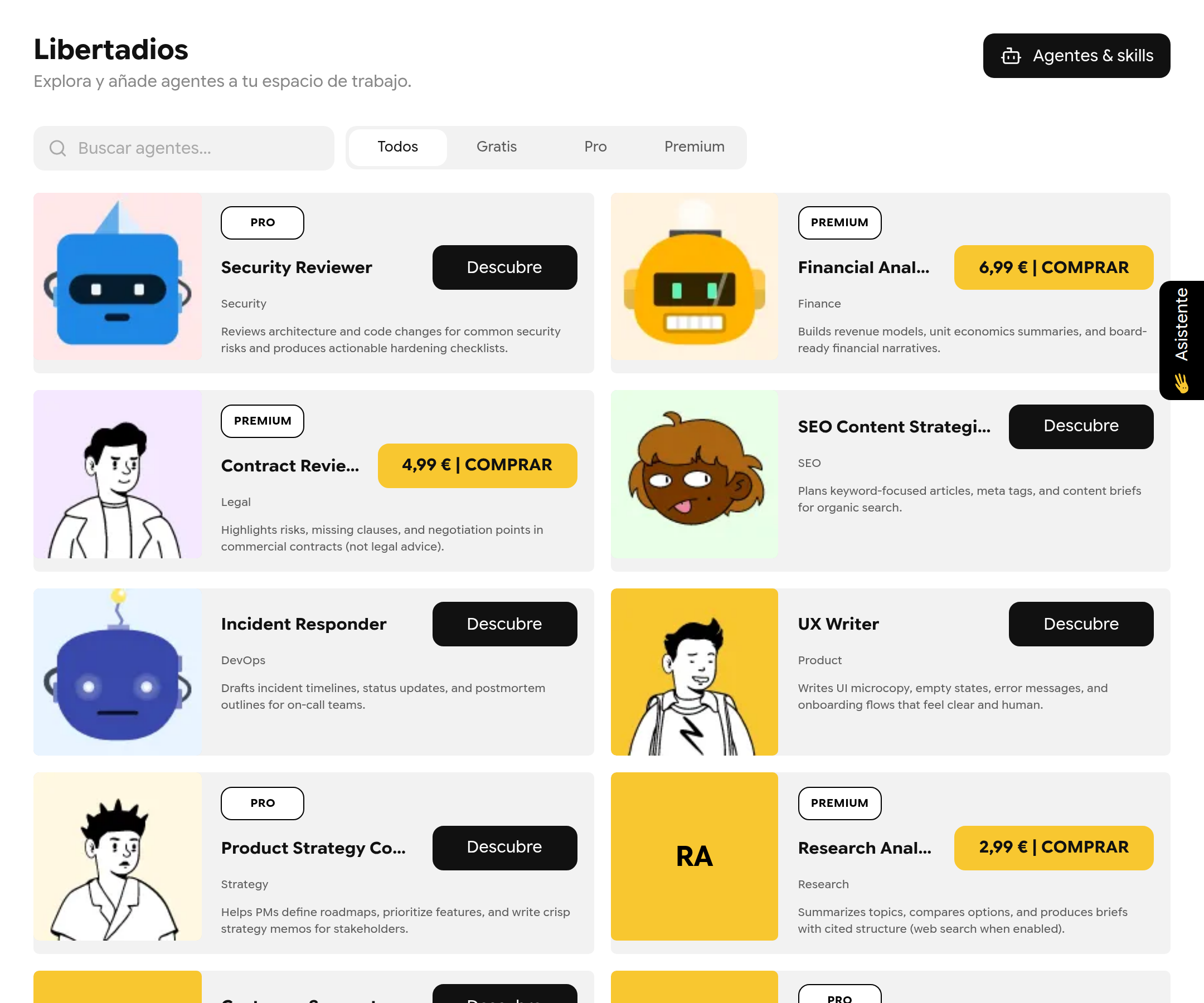Catálogo de Libertadios con tarjetas de agentes, etiquetas PRO y PREMIUM y botones Descubre y COMPRAR