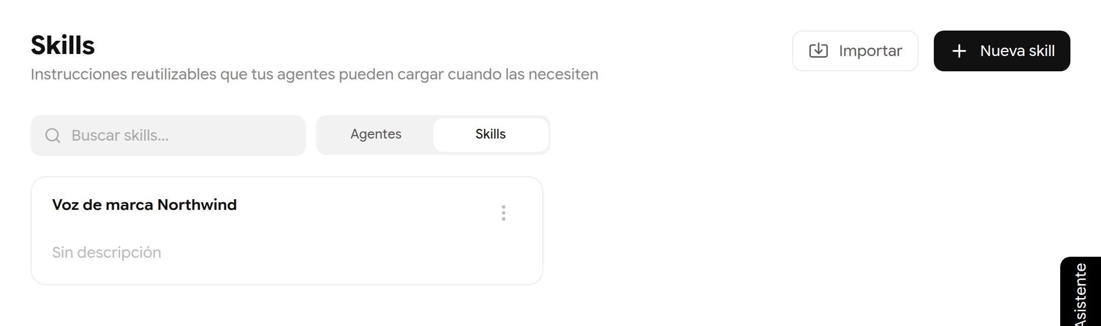 Pestaña Skills con la skill Voz de marca Northwind