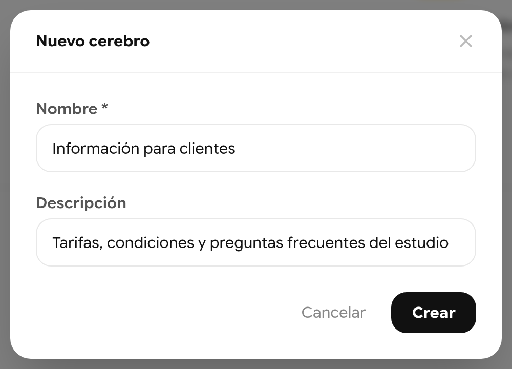 Diálogo Nuevo cerebro con el nombre Información para clientes y una descripción