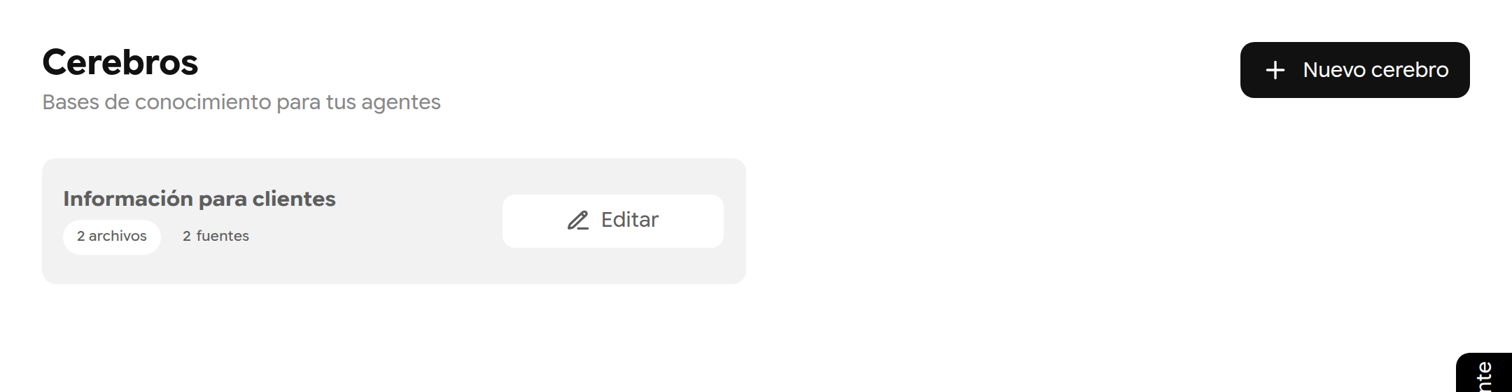 Lista de cerebros con la tarjeta Información para clientes, 2 archivos y el botón Editar