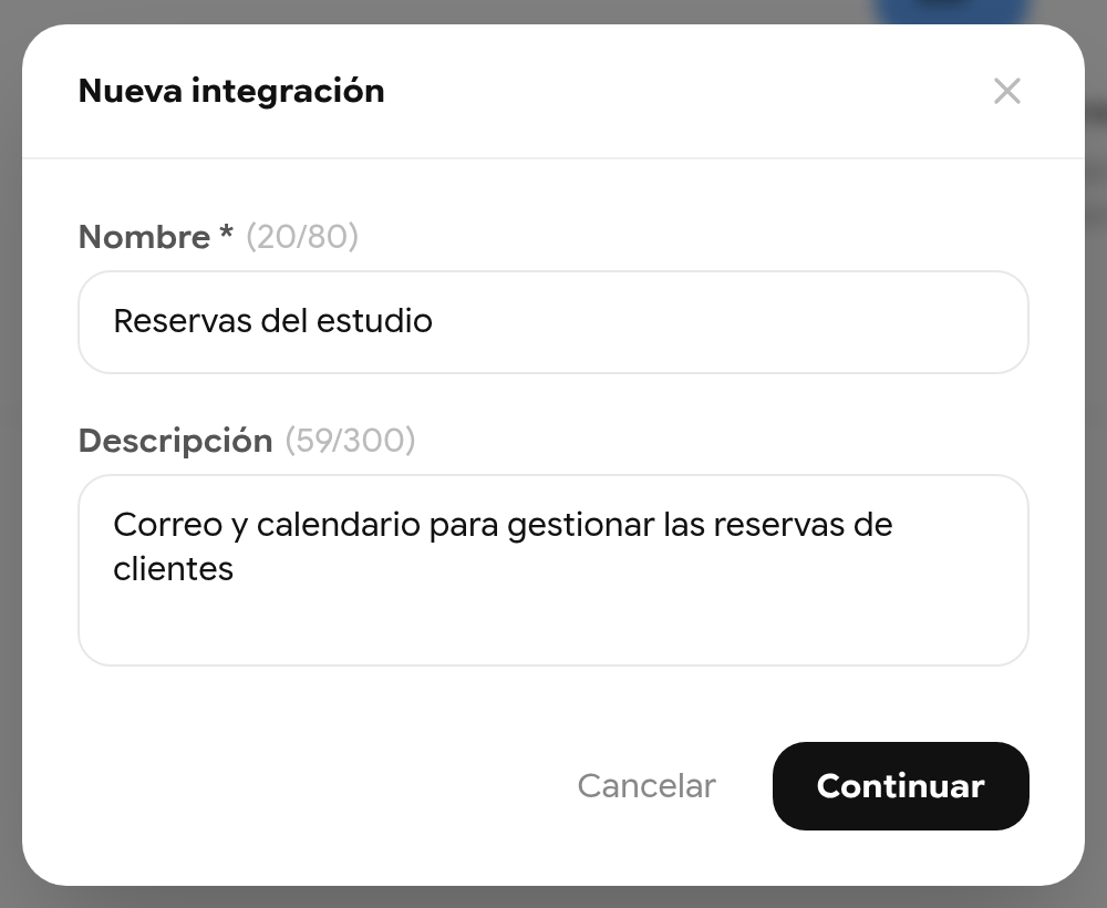 Diálogo Nueva integración con el nombre Reservas del estudio y una descripción
