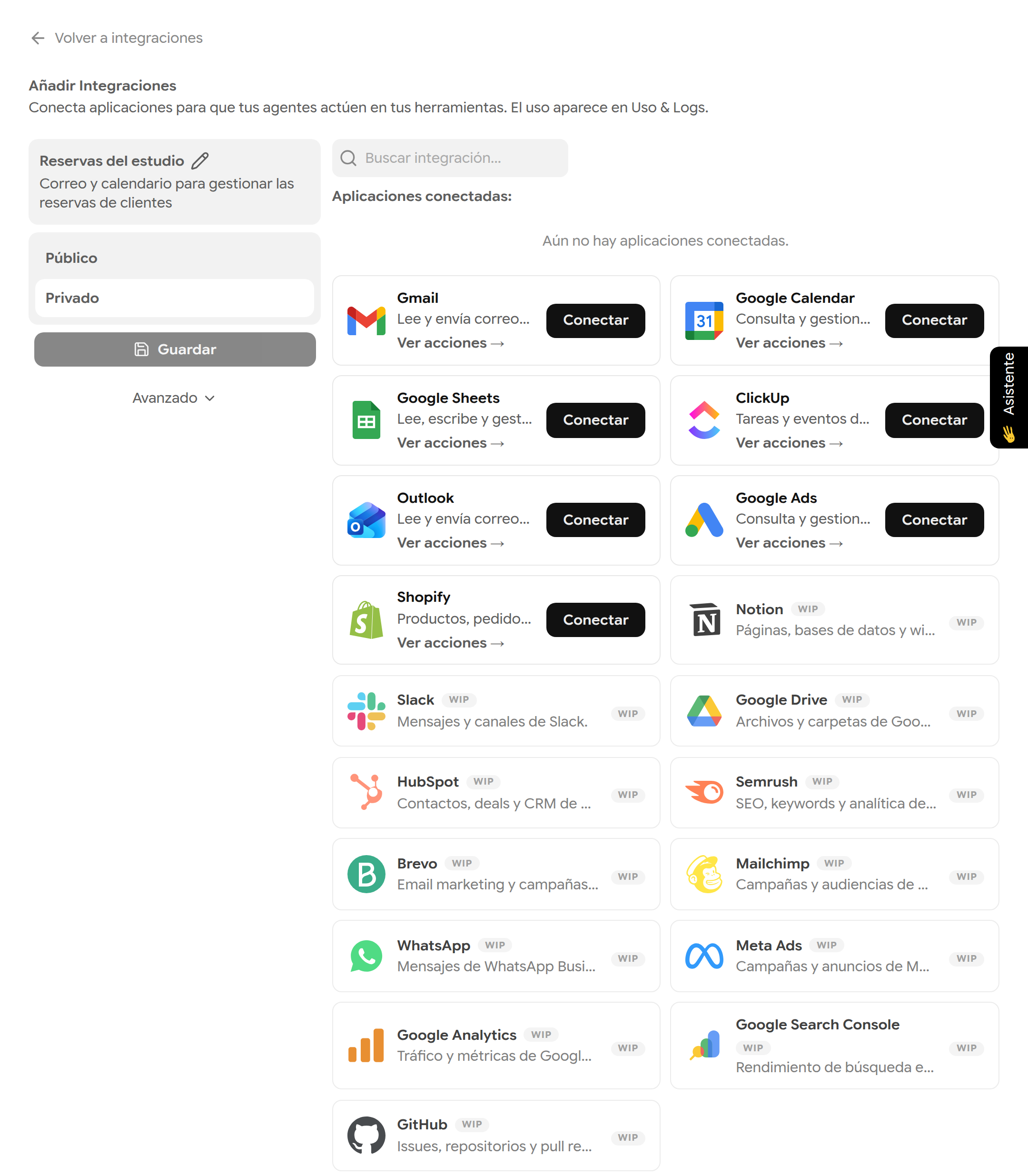 Página de la integración con Gmail, Google Calendar, Google Sheets, ClickUp, Outlook, Google Ads y Shopify con botones Conectar, y las aplicaciones WIP