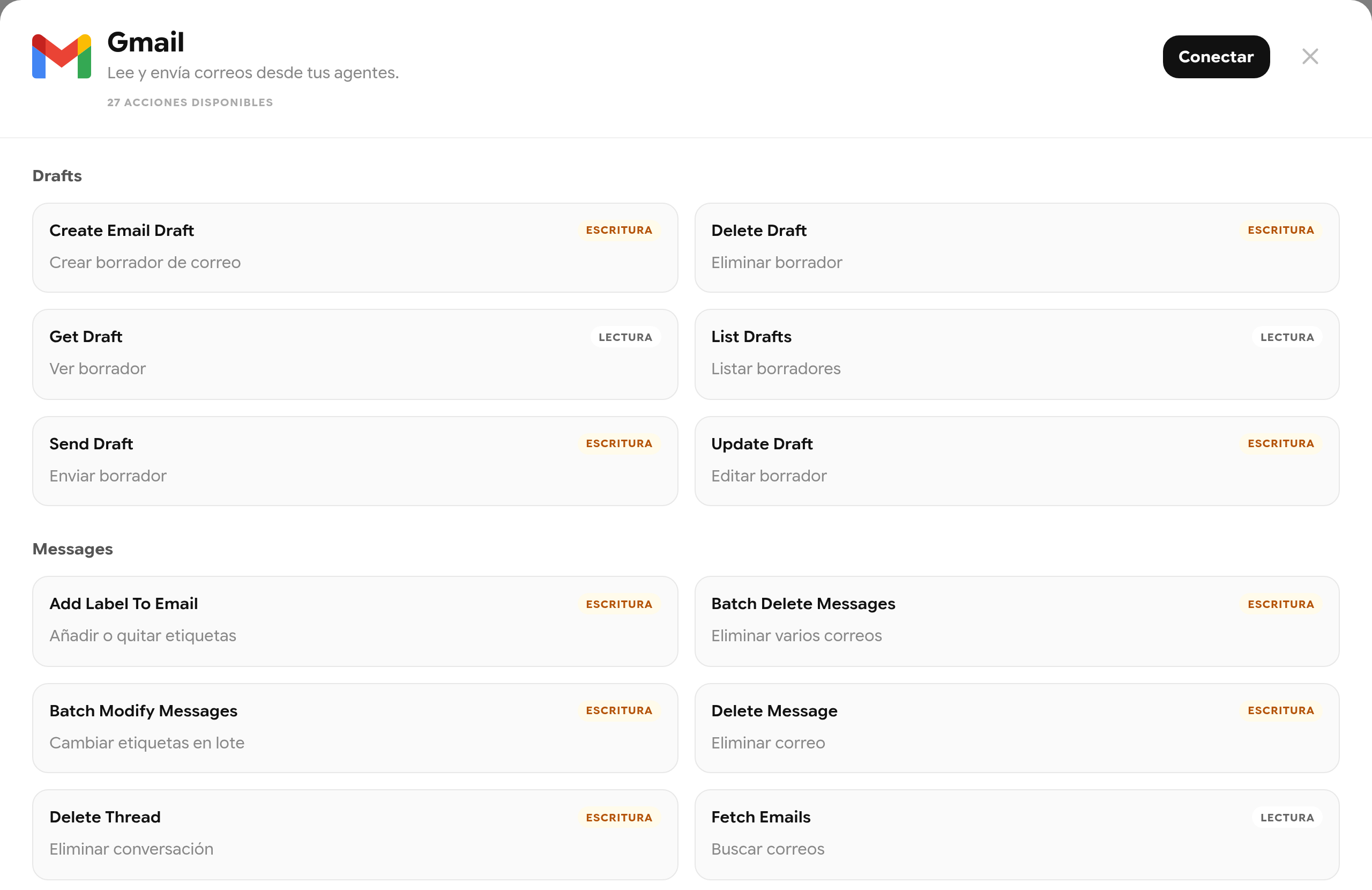 Lista de acciones de Gmail agrupadas en Drafts y Messages con las etiquetas LECTURA y ESCRITURA