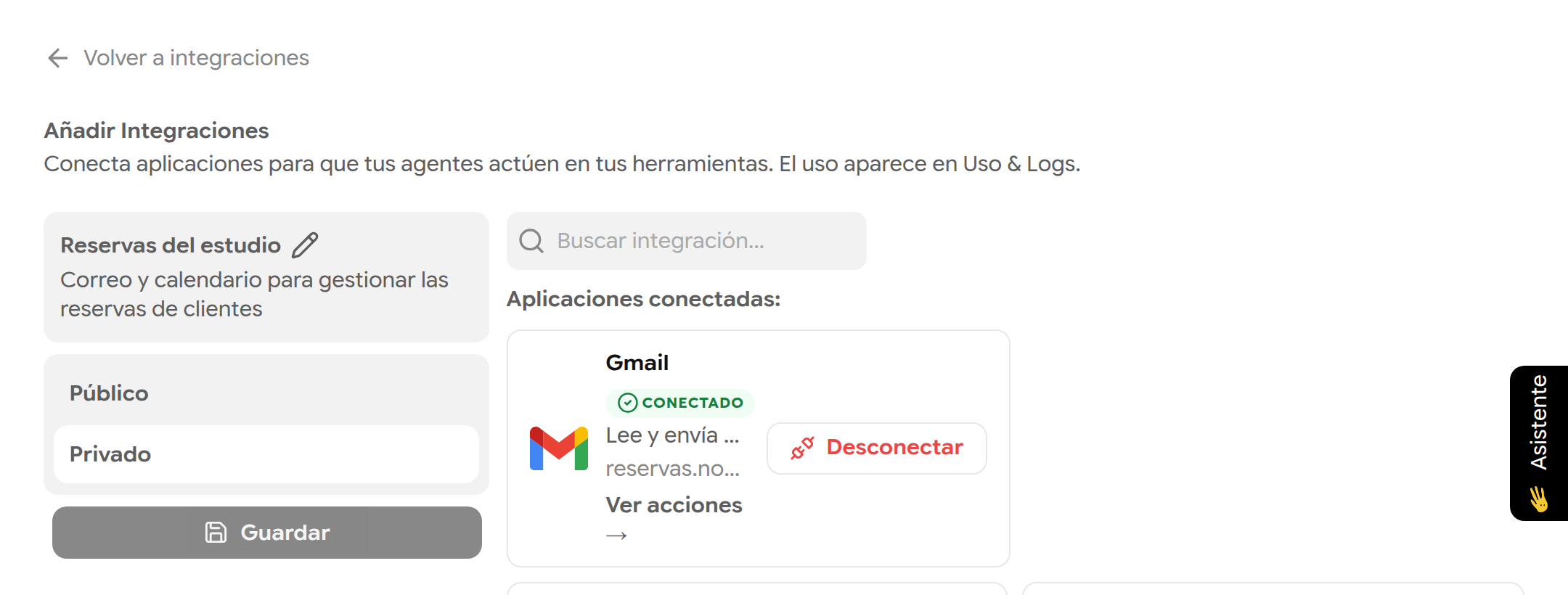 Integración Reservas del estudio con Gmail en Aplicaciones conectadas, estado CONECTADO, una cuenta de ejemplo y el botón Desconectar
