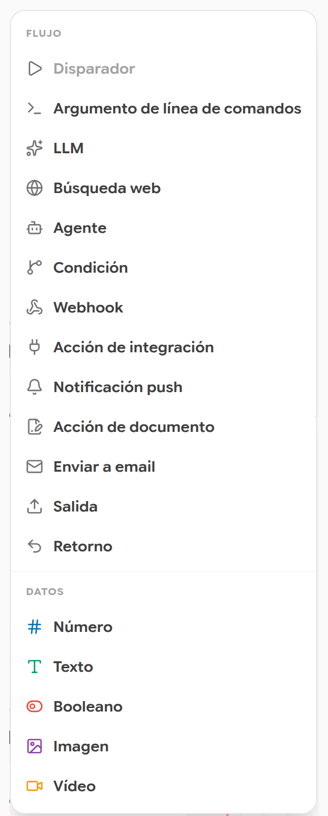 Menú contextual del lienzo con los tipos de nodo de Flujo y de Datos