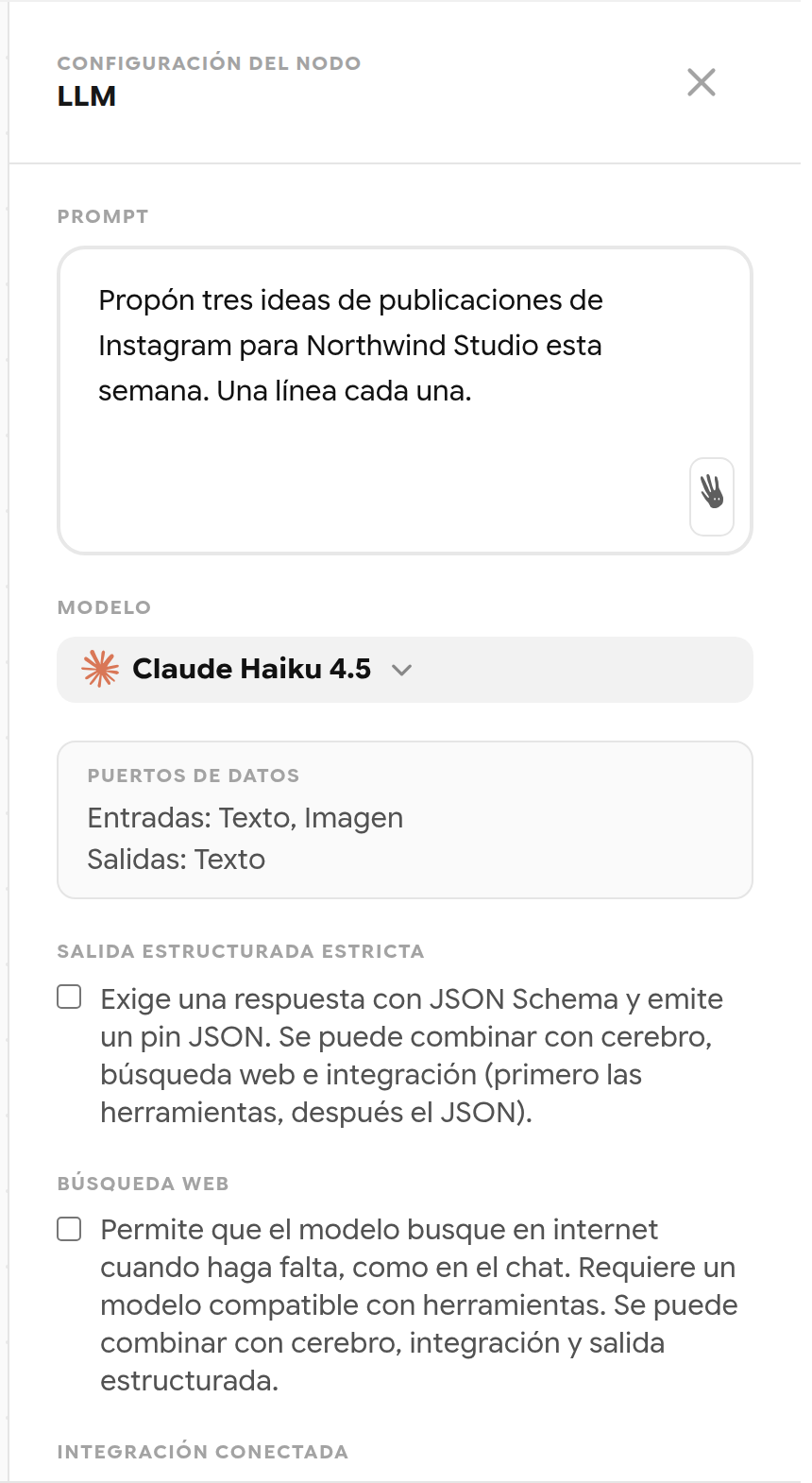 Configuración de un nodo LLM con el prompt, el modelo, los puertos de datos y las opciones