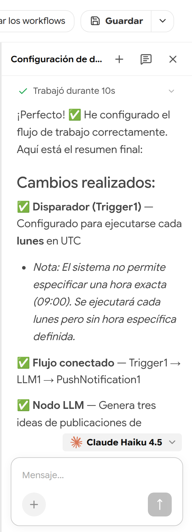 Panel del asistente del workflow con el resumen de los cambios realizados