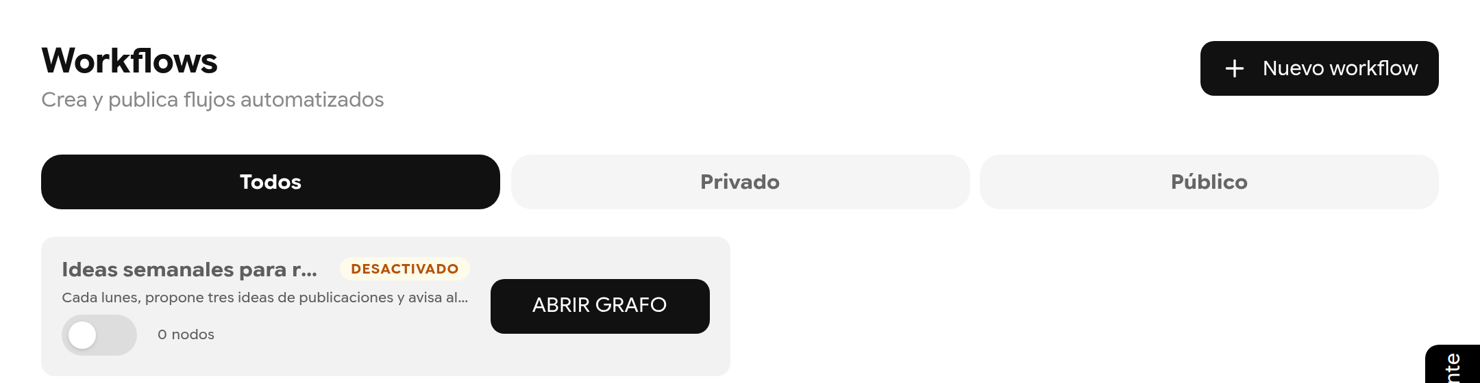 Lista de workflows con la tarjeta Ideas semanales para redes y el botón ABRIR GRAFO