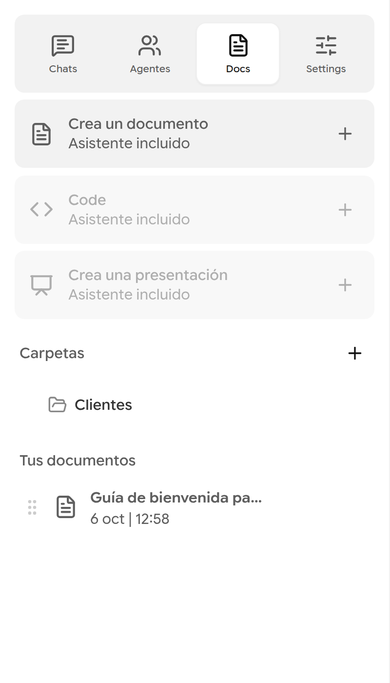 Pestaña Docs con Crea un documento, Code y Crea una presentación, la carpeta Clientes y tus documentos